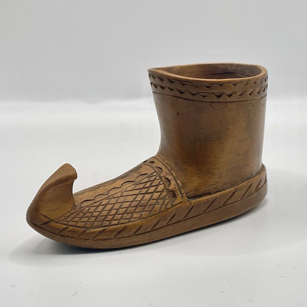 Vintage Yugoslavia Folk Art Hand Carved Opanak Shoe Pincushion Match Holder